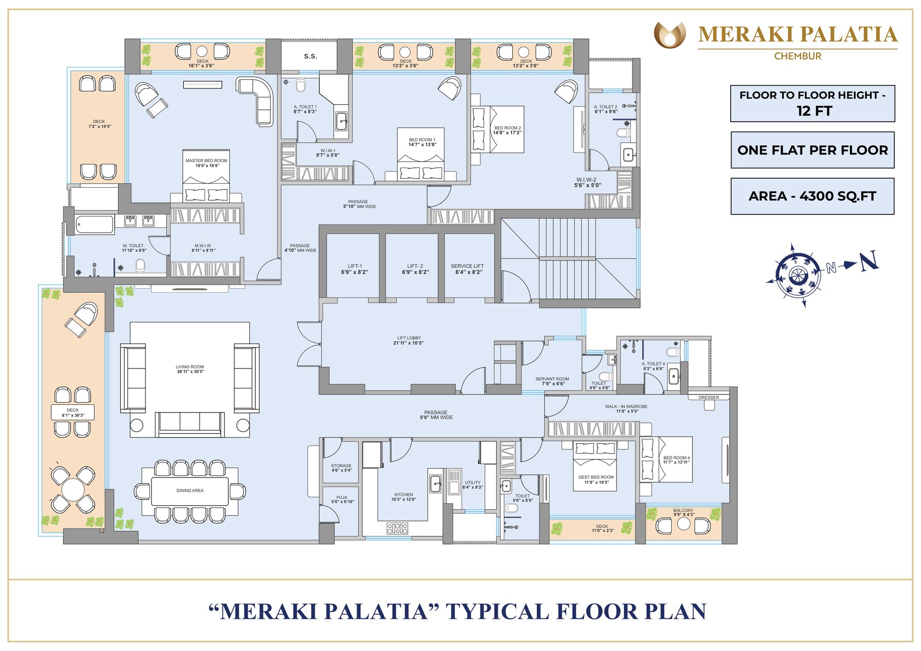 Meraki Palatia typical floor plan — 4,300 sq.ft., one flat per floor