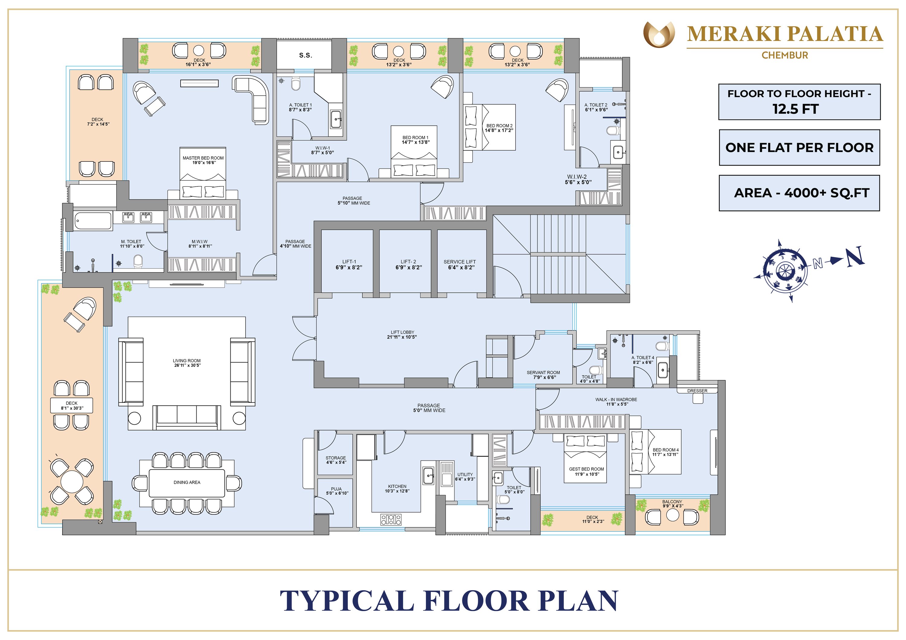 Meraki Palatia typical floor plan — 4,300 sq.ft., one flat per floor
